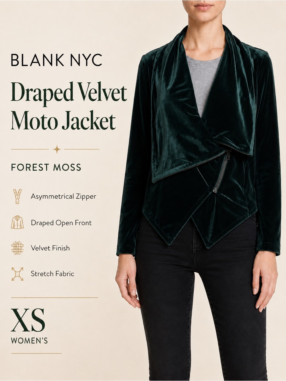 Blank NYC Emerald Green Velvet Draped Open Front Blazer